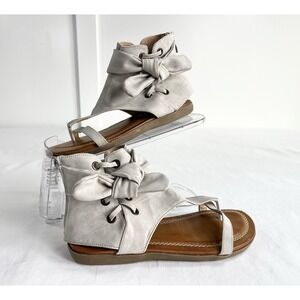 Faux Suede Flat Sandals Lace Up Bow Coquette Y2k Romantic Boho Gray Women's 8.5